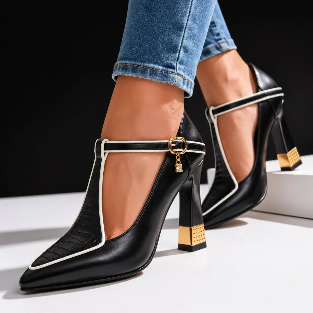 Della | Pointed Toe Faux Leather T Bar High Heel Court Shoes Women
