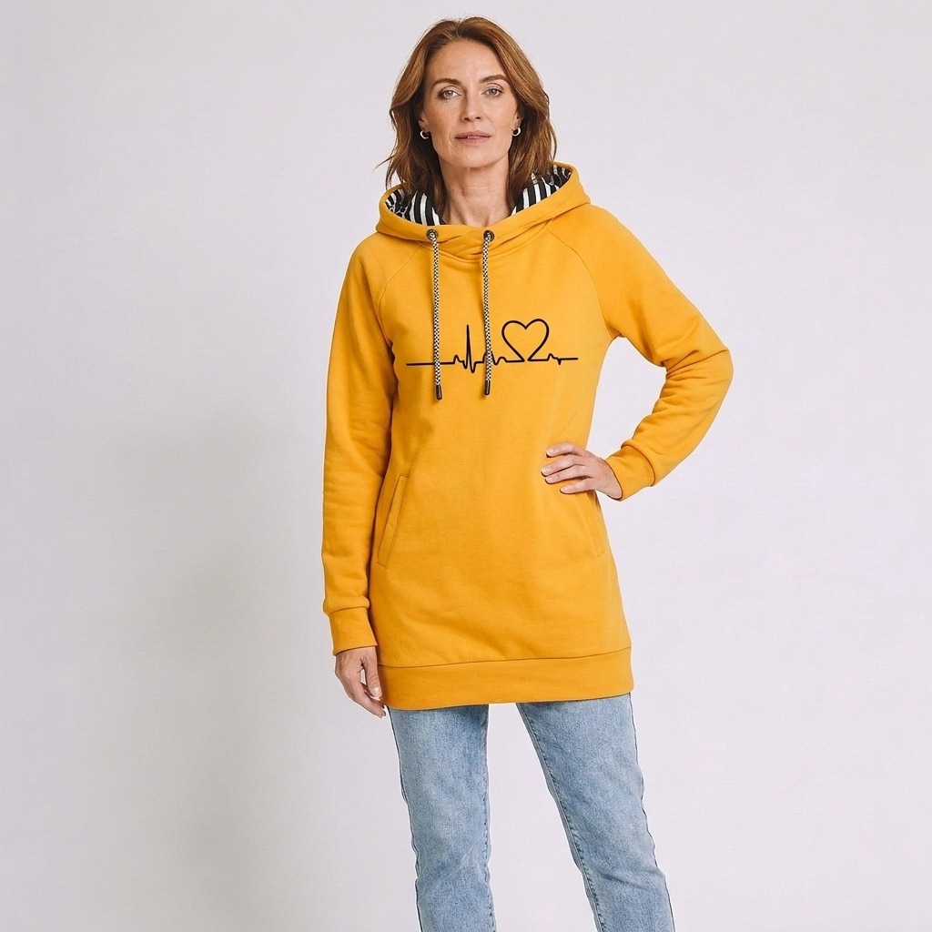 Willa | Printed Heart Drawstring Raglan Pockets Autumn Winter Fleece Longline Hoodie Women