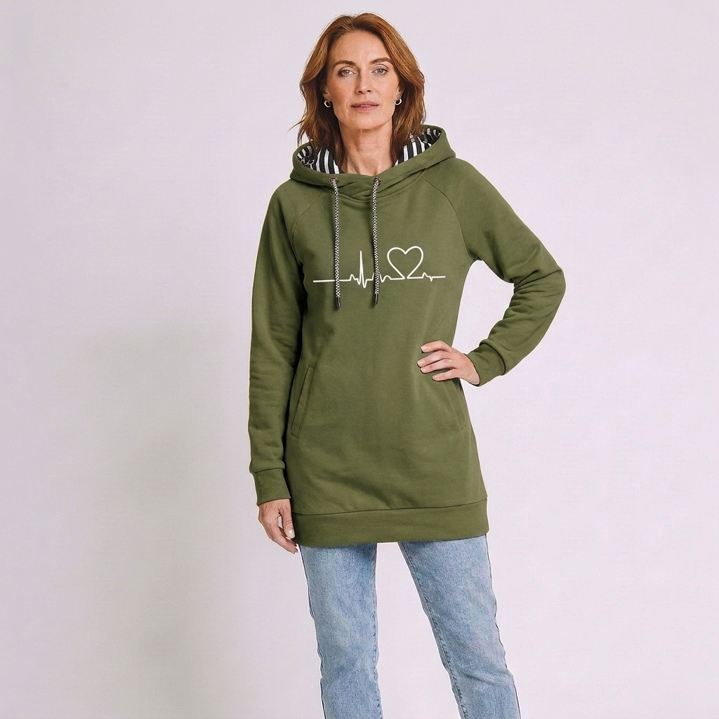 Willa | Printed Heart Drawstring Raglan Pockets Autumn Winter Fleece Longline Hoodie Women