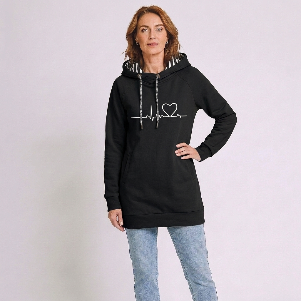 Willa | Printed Heart Drawstring Raglan Pockets Autumn Winter Fleece Longline Hoodie Women