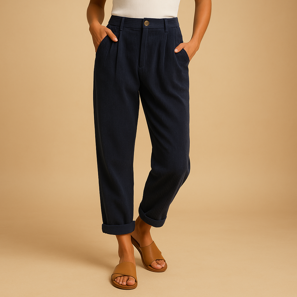 Kitty | High Waisted Pleated Corduroy Turn Up Cropped Pocket Autumn Tapered Trousers Women