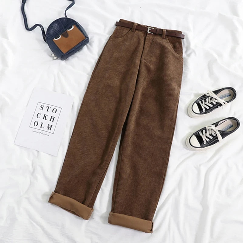 Mara | High Waisted Corduroy Belted Turn Up Ribbed Autumn Tapered Trousers Women
