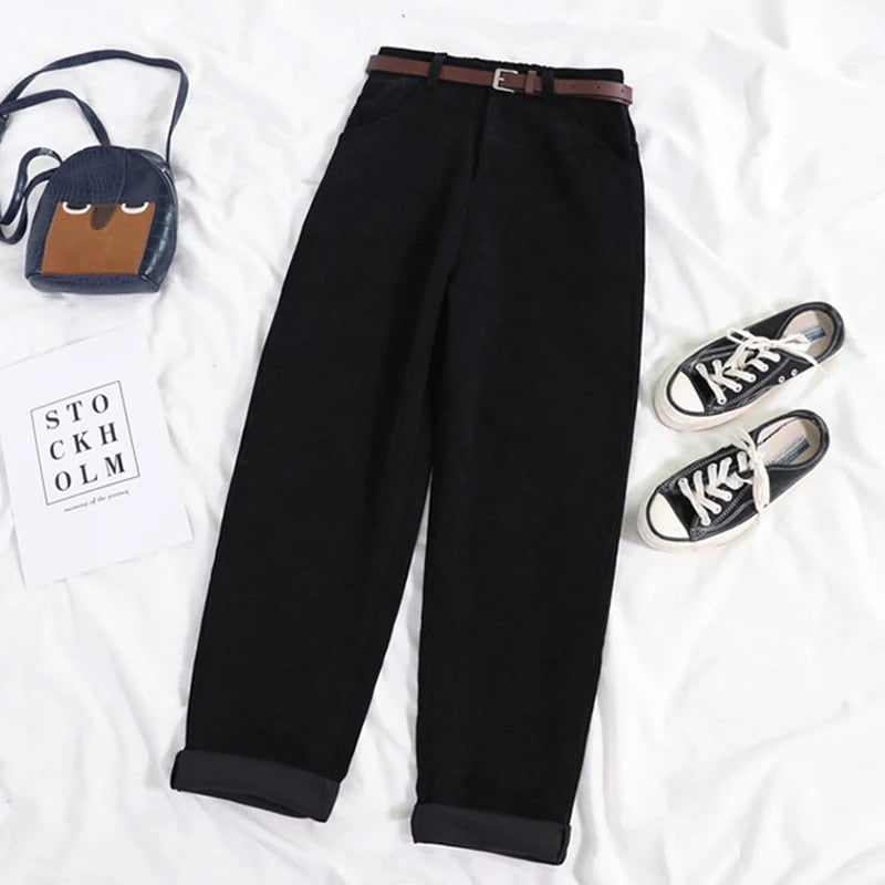 Mara | High Waisted Corduroy Belted Turn Up Ribbed Autumn Tapered Trousers Women