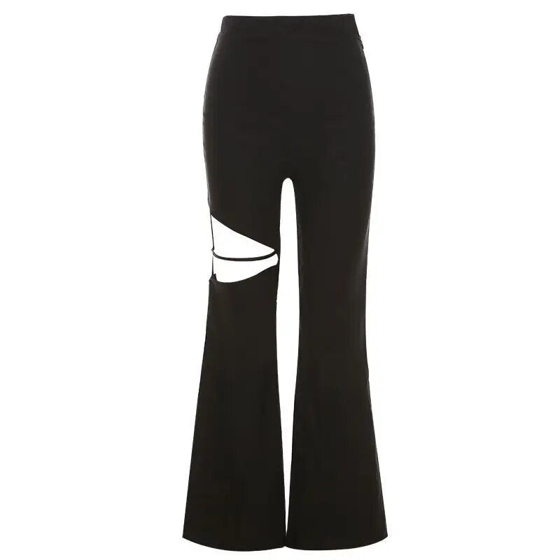 Tara | Elasticated Waist Cut Out Fitted Long Party Flared Trousers Women