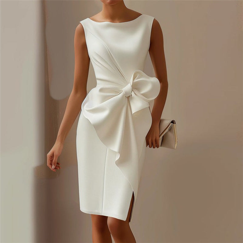 Sara | Bow Boat Neck Sleeveless Ruched Satin Midi Occasion Cocktail Dress Ladies