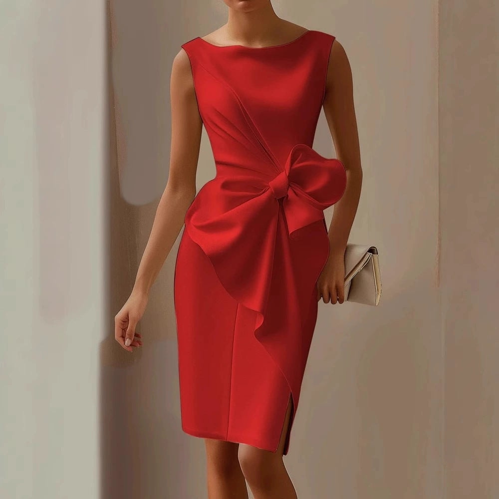 Sara | Bow Boat Neck Sleeveless Ruched Satin Midi Occasion Cocktail Dress Ladies