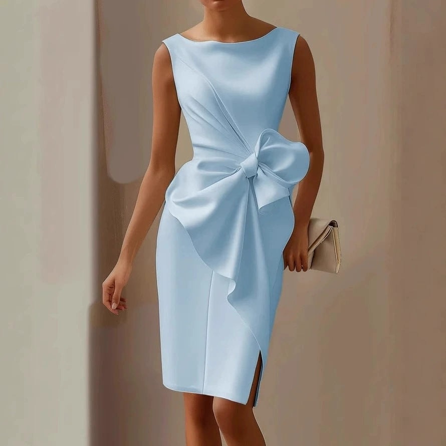 Sara | Bow Boat Neck Sleeveless Ruched Satin Midi Occasion Cocktail Dress Ladies