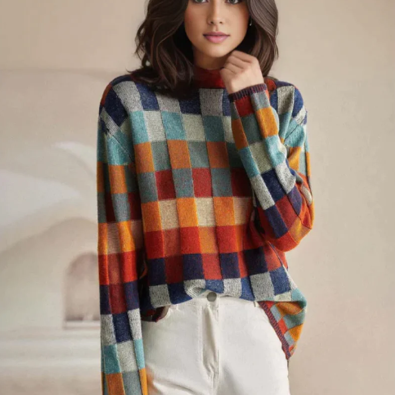 Bree | Oversized Checked Colour Block High Neck Long Sleeve Autumn Winter Jumper Women