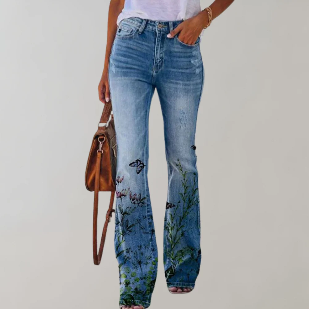 Renee | Floral Print High Waisted Pocket Flare Jeans Women