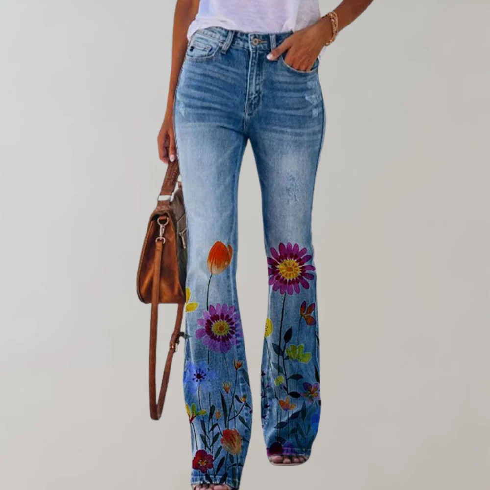 Renee | Floral Print High Waisted Pocket Flare Jeans Women