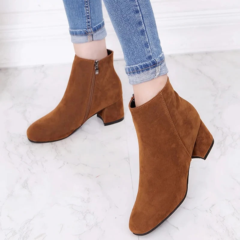 Ellie | Block Heeled Square Toe Zip Up Autumn Smart Faux Suede Ankle Boots Women