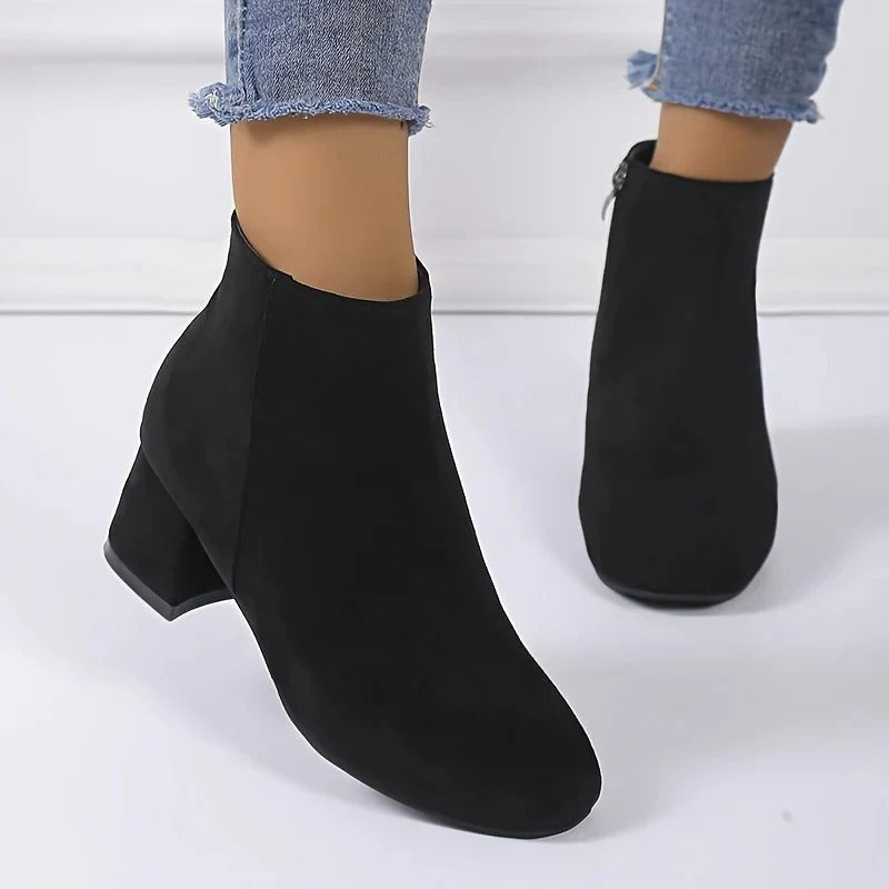Ellie | Block Heeled Square Toe Zip Up Autumn Smart Faux Suede Ankle Boots Women