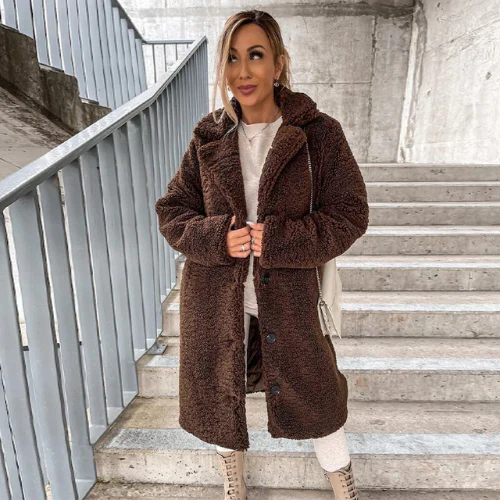 Evie | Lapel Collar Buttoned Winter Long Teddy Coat Women
