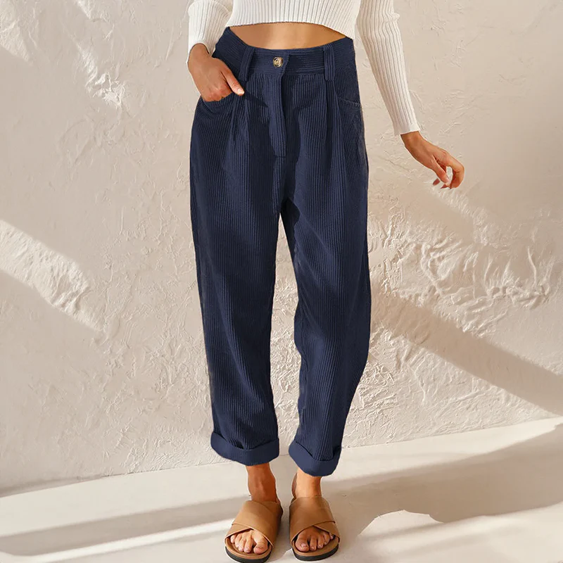 Pia | High Waisted Pleated Corduroy Turn Up Cropped Autumn Tapered Trousers Women