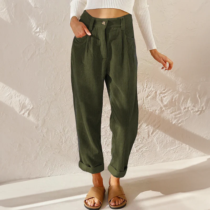 Pia | High Waisted Pleated Corduroy Turn Up Cropped Autumn Tapered Trousers Women