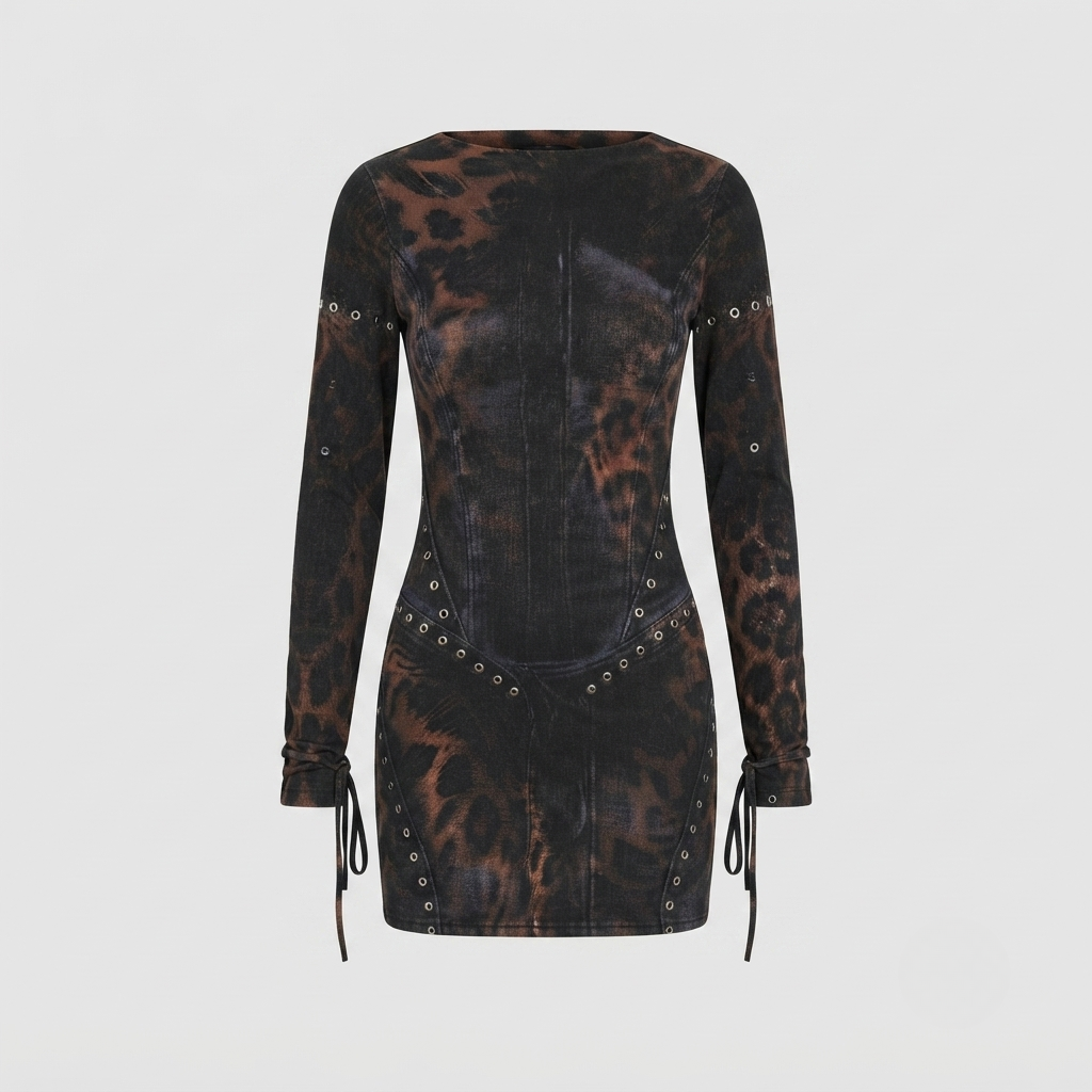 Tegan | Leopard Print Studded Corset Bodycon Going Out Party Long Sleeve Mini Dress Women