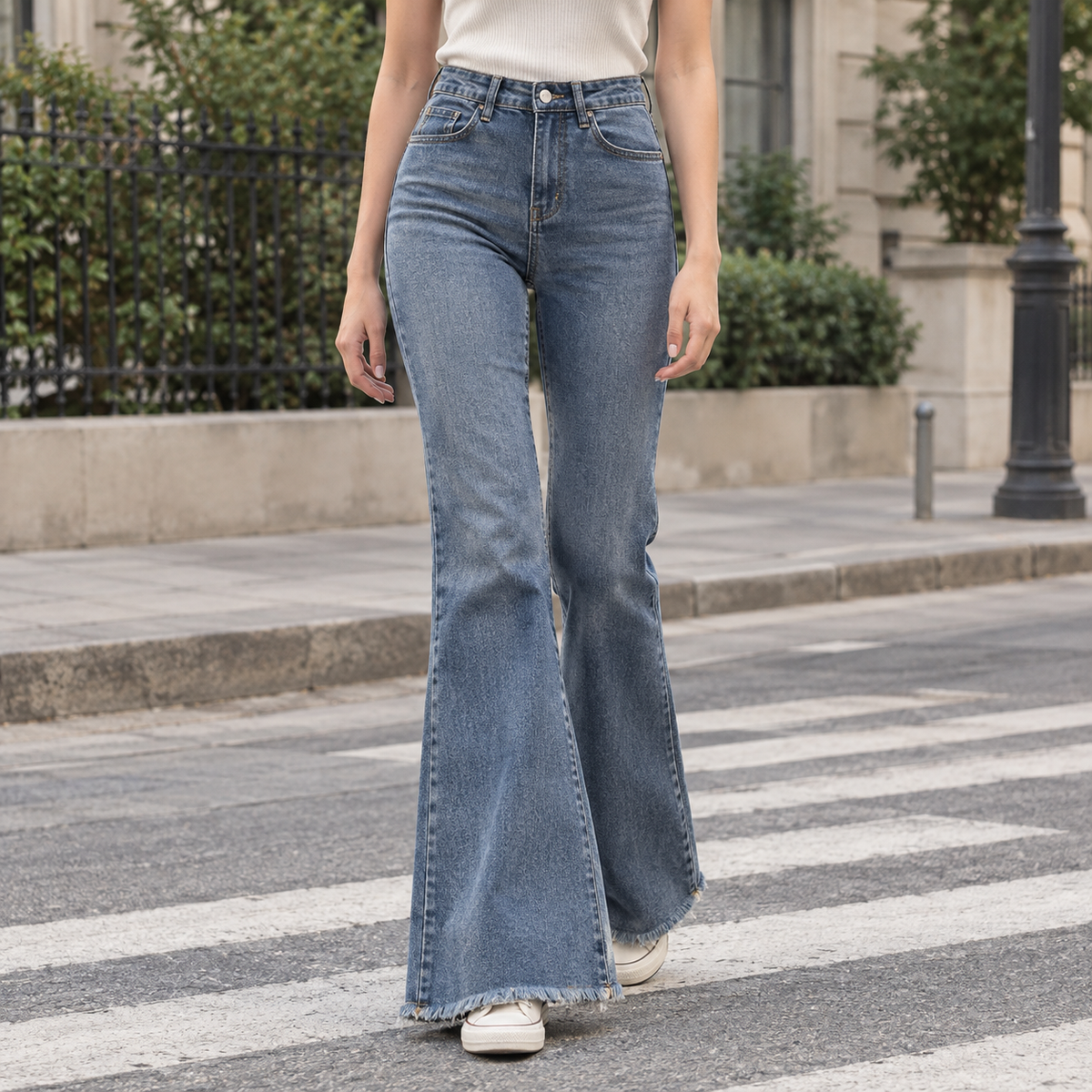 Belle | Frayed Hem High Waisted Autumn Long Pocket Flare Jeans Women