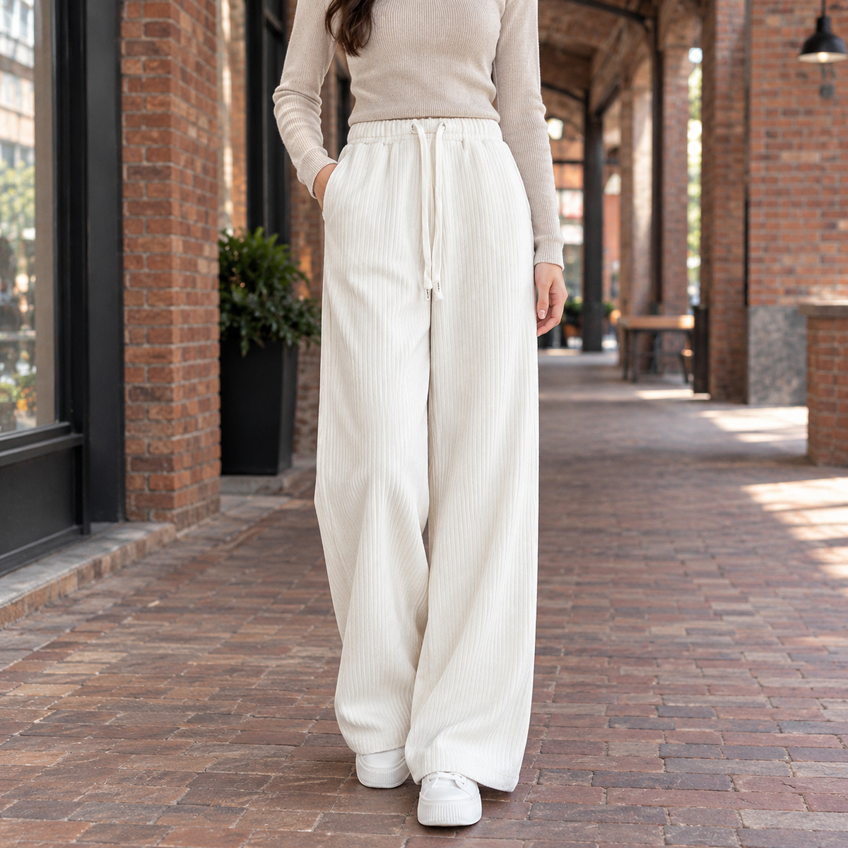 Abbie | Loose Ribbed Elasticated Drawstring Corduroy High Waisted Pockets Autumn Wide Leg Trousers Women