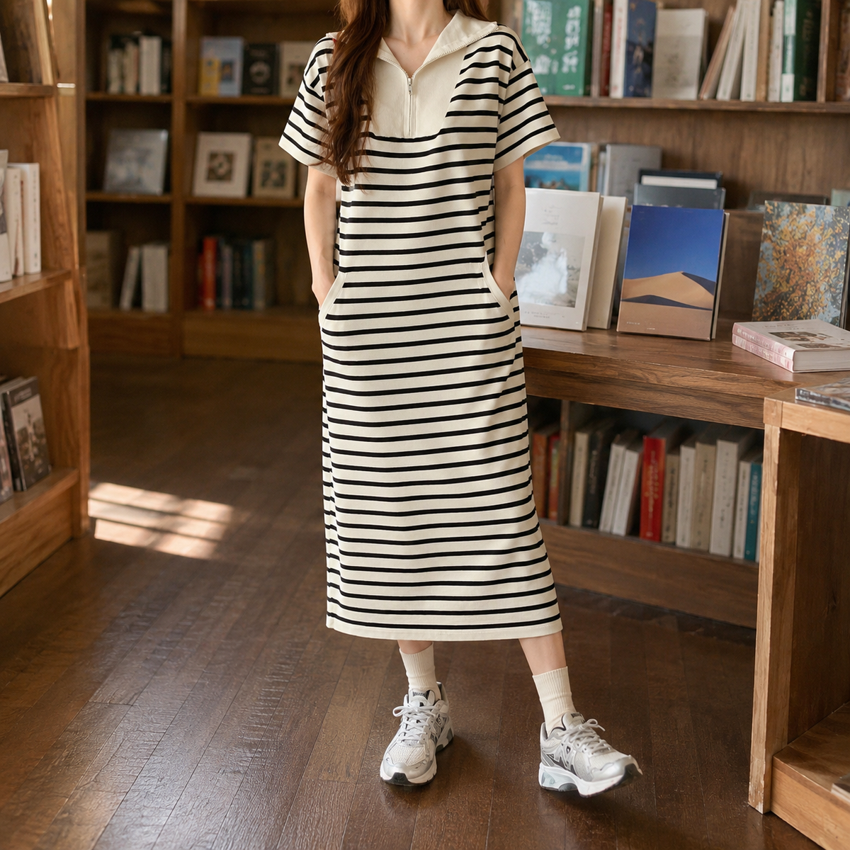 Tilly | Collared Short Sleeve Striped Knit Side Pockets Midi Dress Women