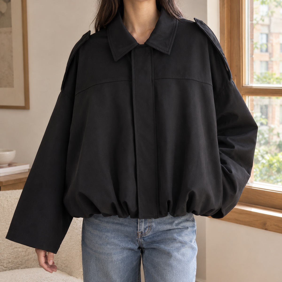 Lily | Collared Faux Suede Elasticated Hem Oversized Autumn Cropped Bomber Jacket Women