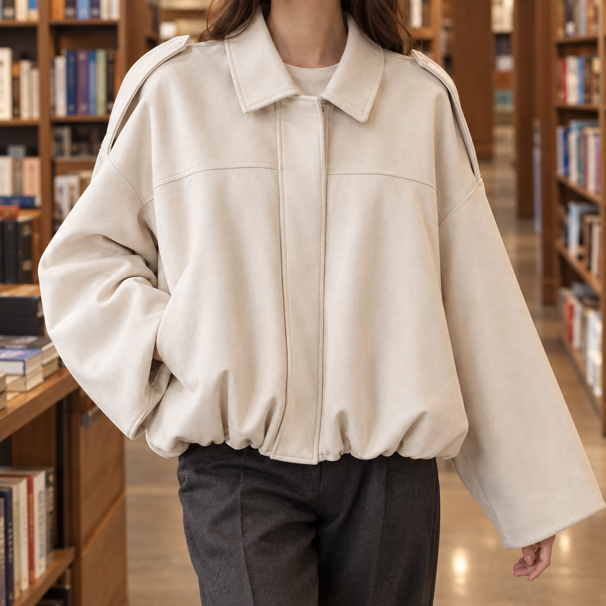 Anya | Faux Suede Collared Zip Up Oversized Cropped Elasticated Hem Autumn Bomber Jacket Women