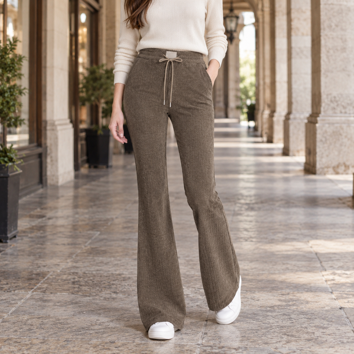 Lila | Ribbed Knitted Drawstring Elasticated Waist Pockets Long Flared Trousers Women