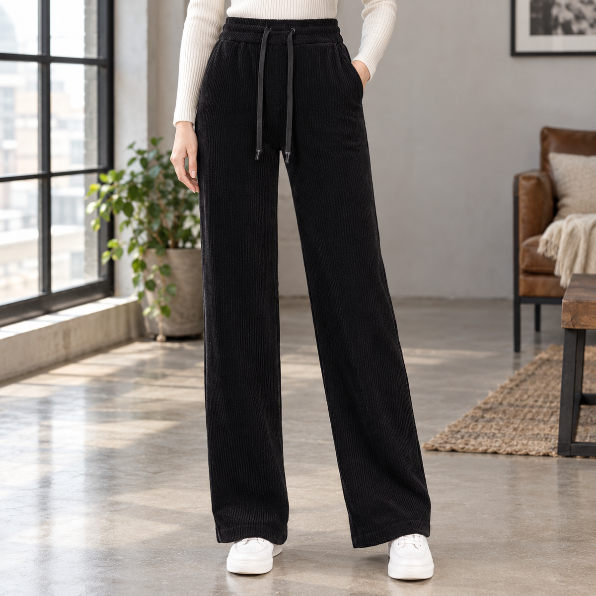 Ellie | Loose Drawstring Elasticated High Waisted Pockets Autumn Corduroy Ribbed Wide Leg Trousers Women
