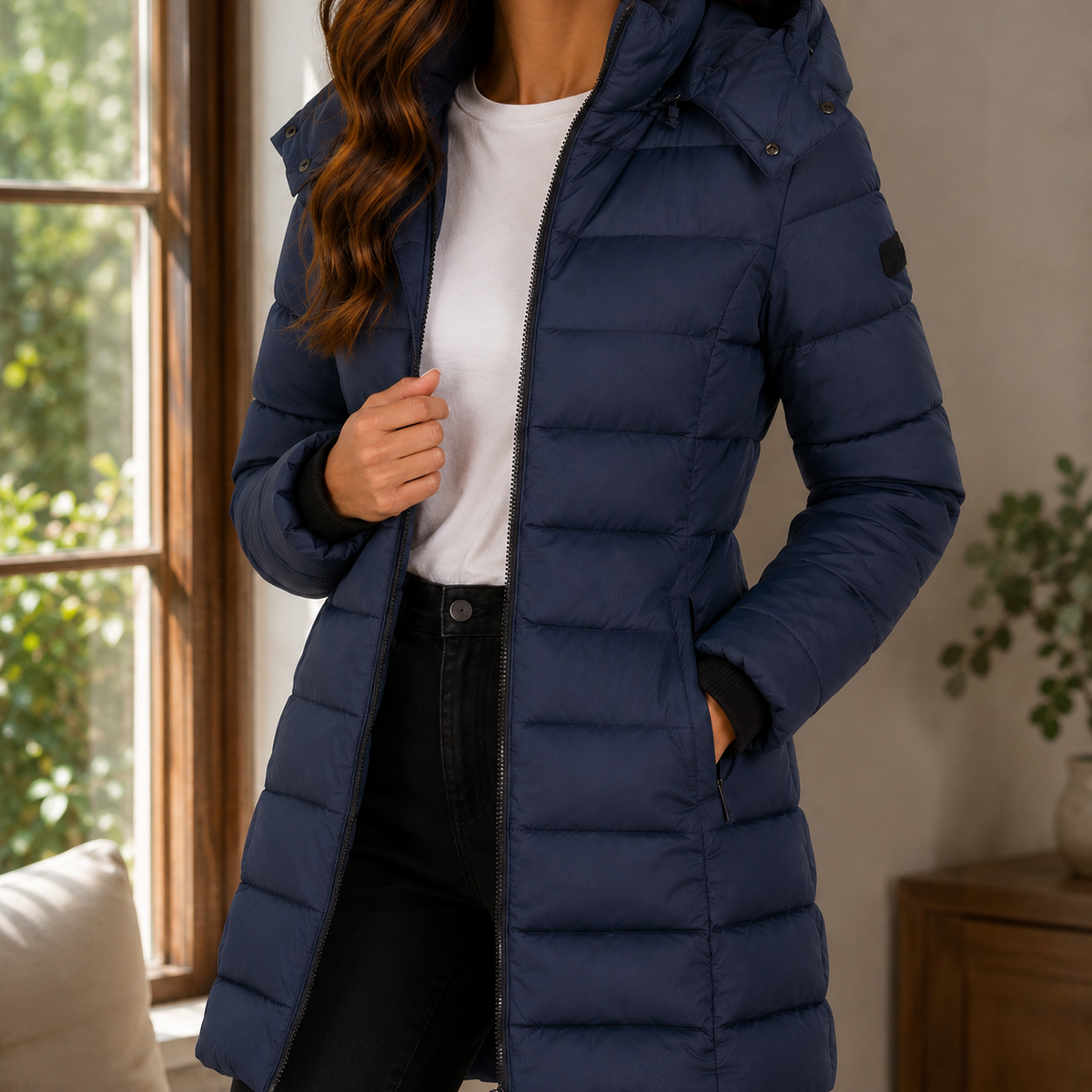 Margo | Winter Zip Up Hooded Mid Length Quilted Funnel Neck Pocket Puffer Coat Women
