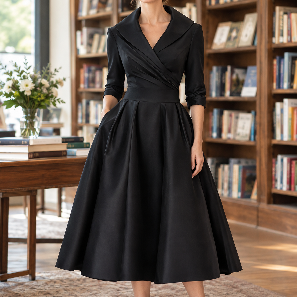 Alexa | Pleated Ruched Wrap V Neck Fit And Flare Satin Midi Collared Autumn Occasion Cocktail Dress Ladies