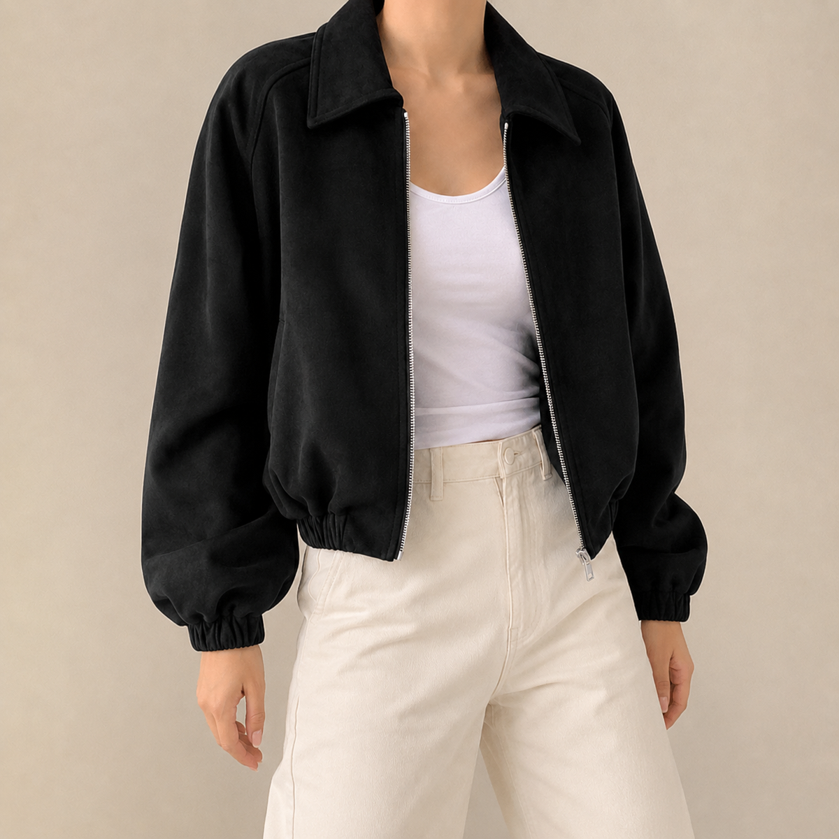 Pippa | Collared Zip Up Faux Suede Oversized Cropped Elasticated Hem Autumn Bomber Jacket Women