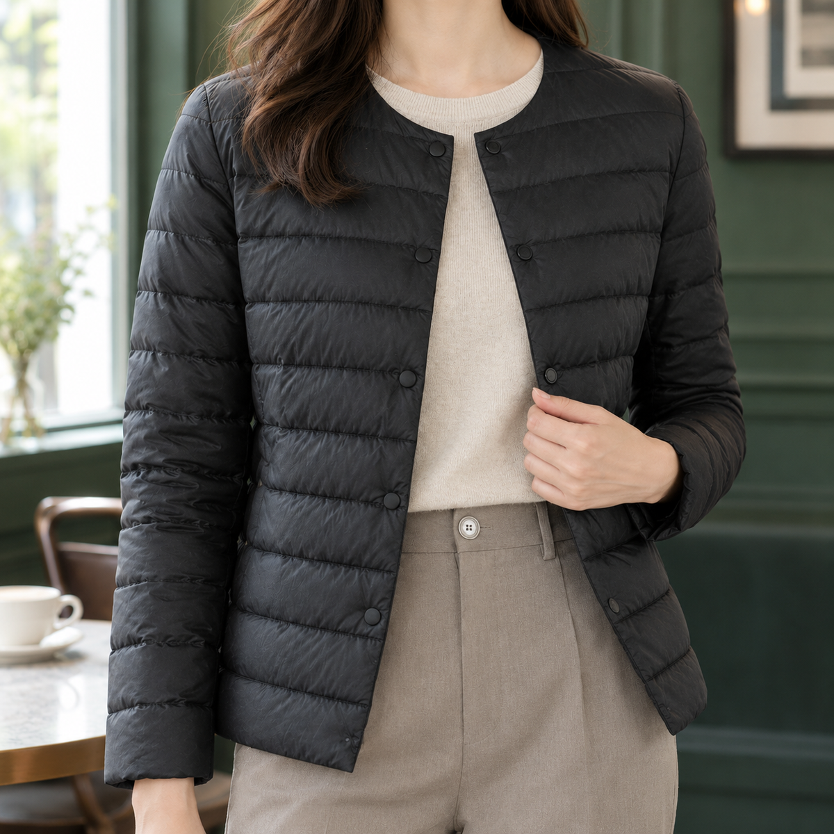 Lia | Collarless Button Fitted Quilted Padded Winter Jacket Women