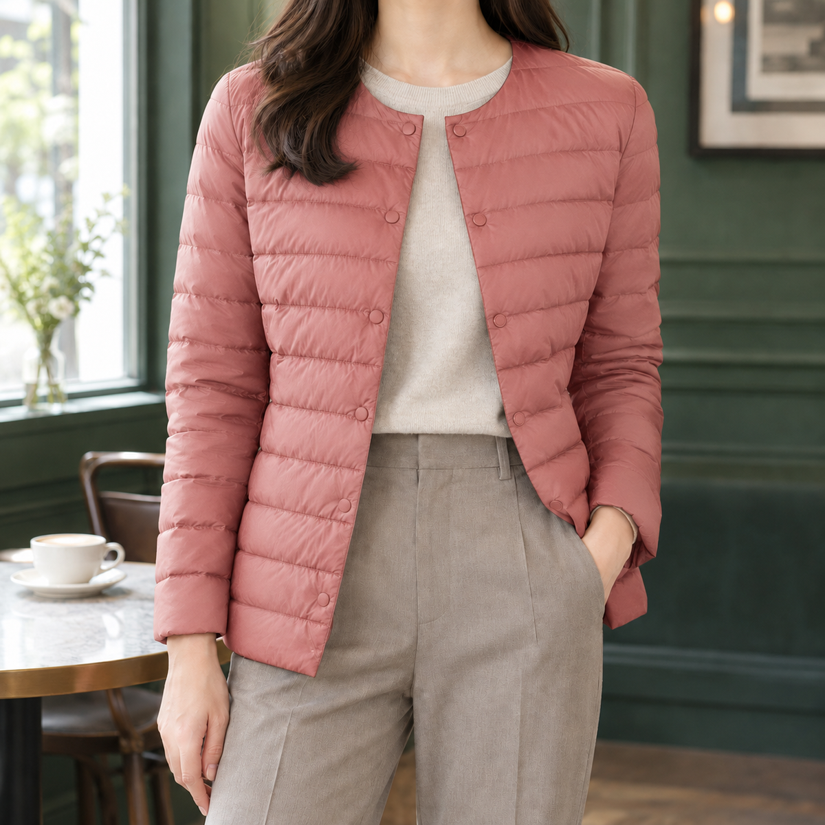Lia | Collarless Button Fitted Quilted Padded Winter Jacket Women