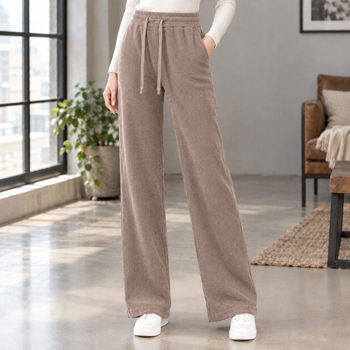 Ellie | Loose Drawstring Elasticated High Waisted Pockets Autumn Corduroy Ribbed Wide Leg Trousers Women