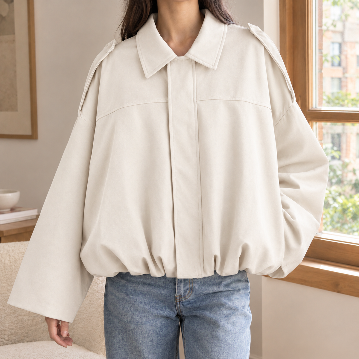 Lily | Collared Faux Suede Elasticated Hem Oversized Autumn Cropped Bomber Jacket Women