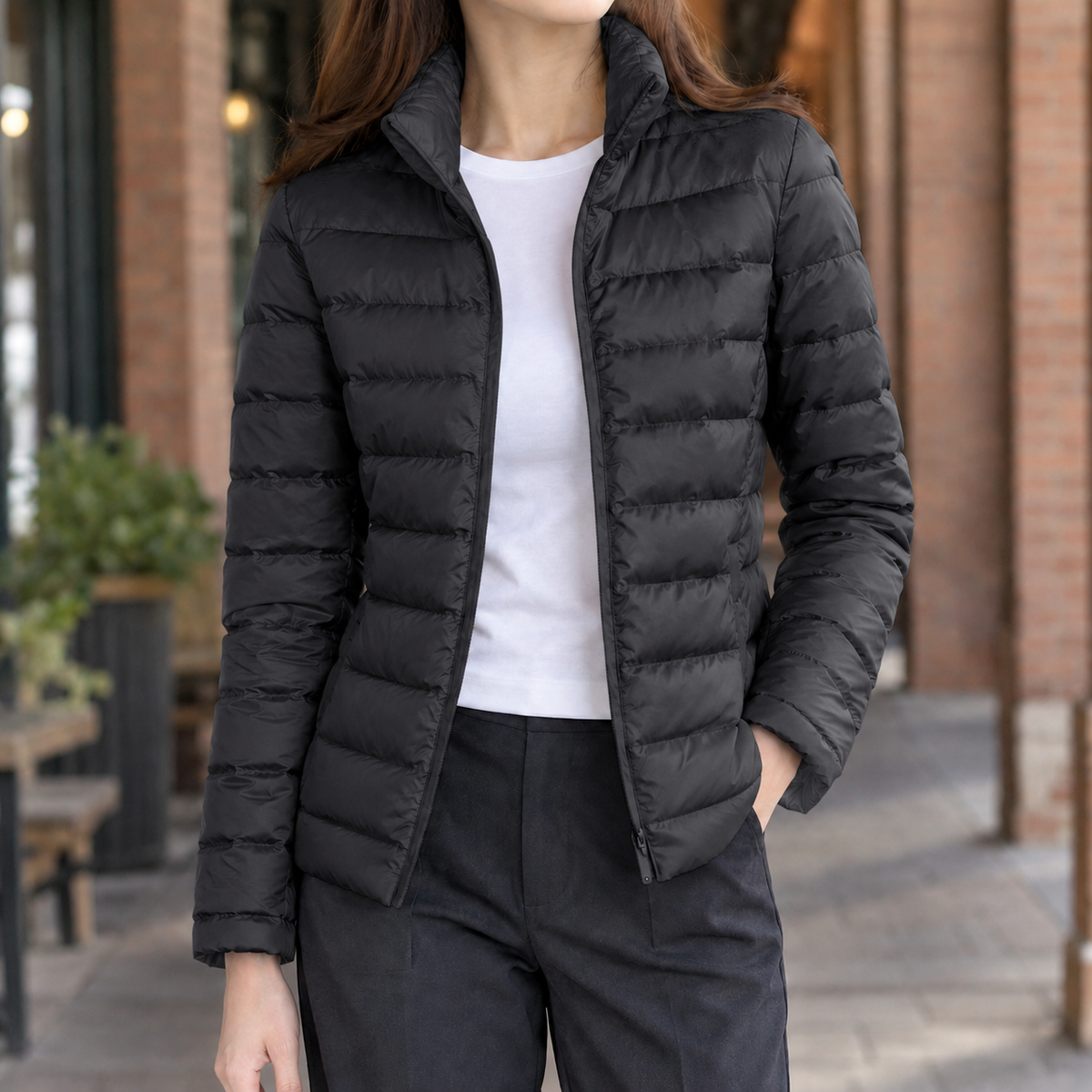Nancy | Winter Fitted Shiny Funnel Neck Zip Up Quilted Puffer Jacket Women