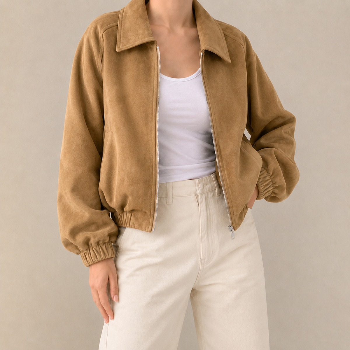 Pippa | Collared Zip Up Faux Suede Oversized Cropped Elasticated Hem Autumn Bomber Jacket Women