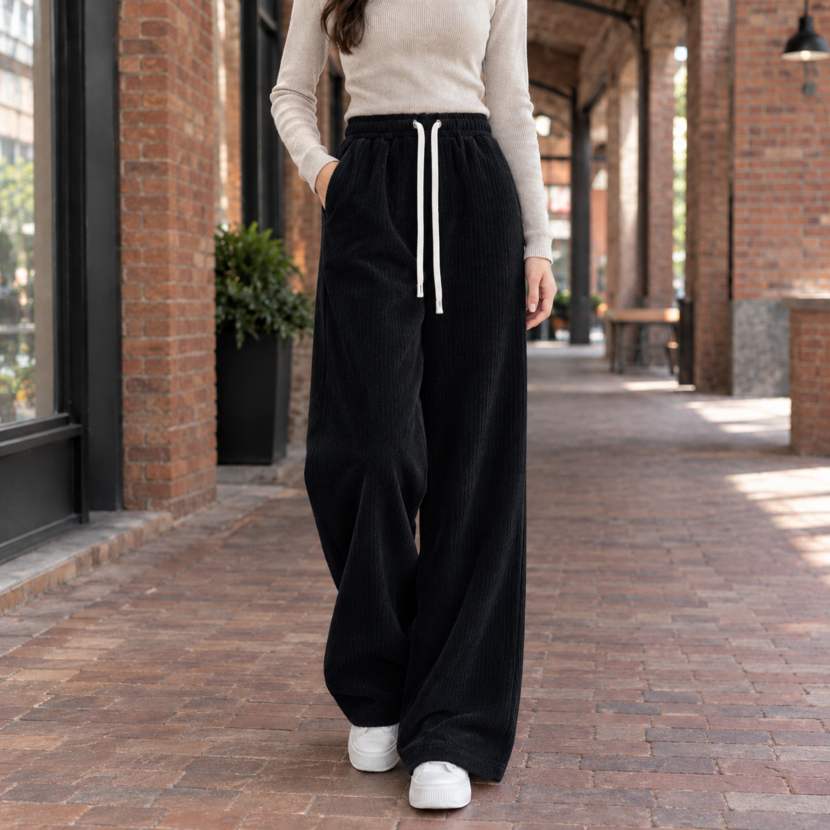 Abbie | Loose Ribbed Elasticated Drawstring Corduroy High Waisted Pockets Autumn Wide Leg Trousers Women