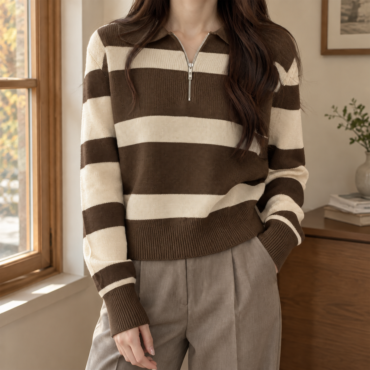 Niamh | Striped Half Zip Collared Long Sleeve Ribbed Oversized Autumn Winter Jumper Women