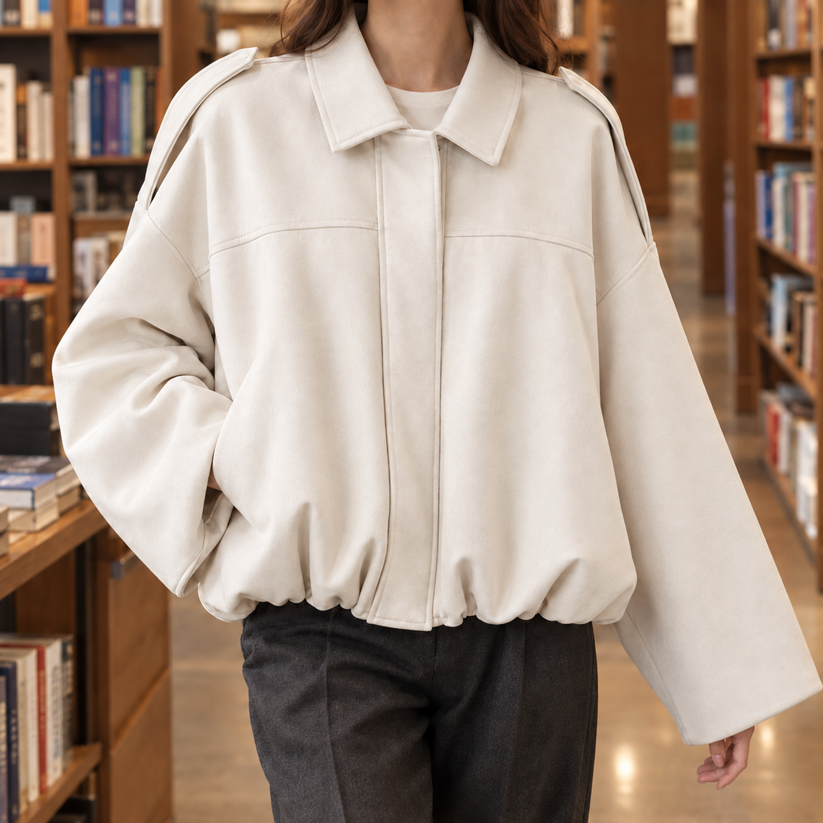 Anya | Faux Suede Collared Zip Up Oversized Cropped Elasticated Hem Autumn Bomber Jacket Women