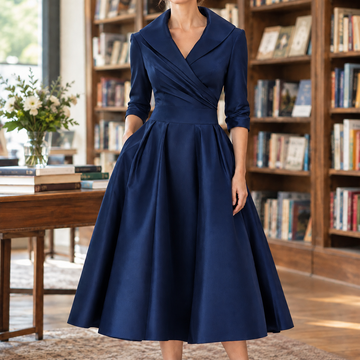 Alexa | Pleated Ruched Wrap V Neck Fit And Flare Satin Midi Collared Autumn Occasion Cocktail Dress Ladies