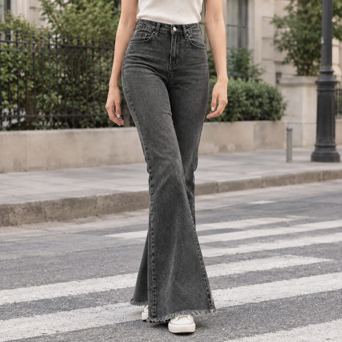 Belle | Frayed Hem High Waisted Autumn Long Pocket Flare Jeans Women