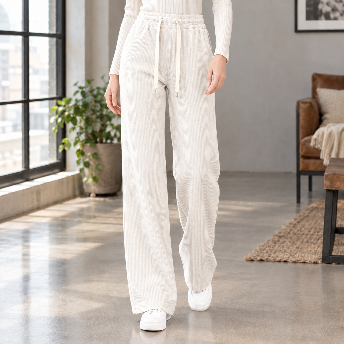 Ellie | Loose Drawstring Elasticated High Waisted Pockets Autumn Corduroy Ribbed Wide Leg Trousers Women
