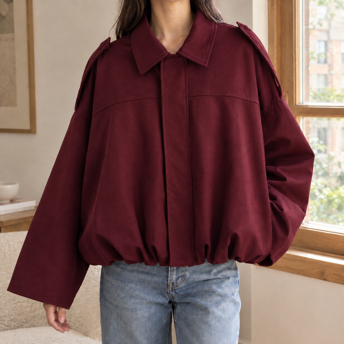 Lily | Collared Faux Suede Elasticated Hem Oversized Autumn Cropped Bomber Jacket Women