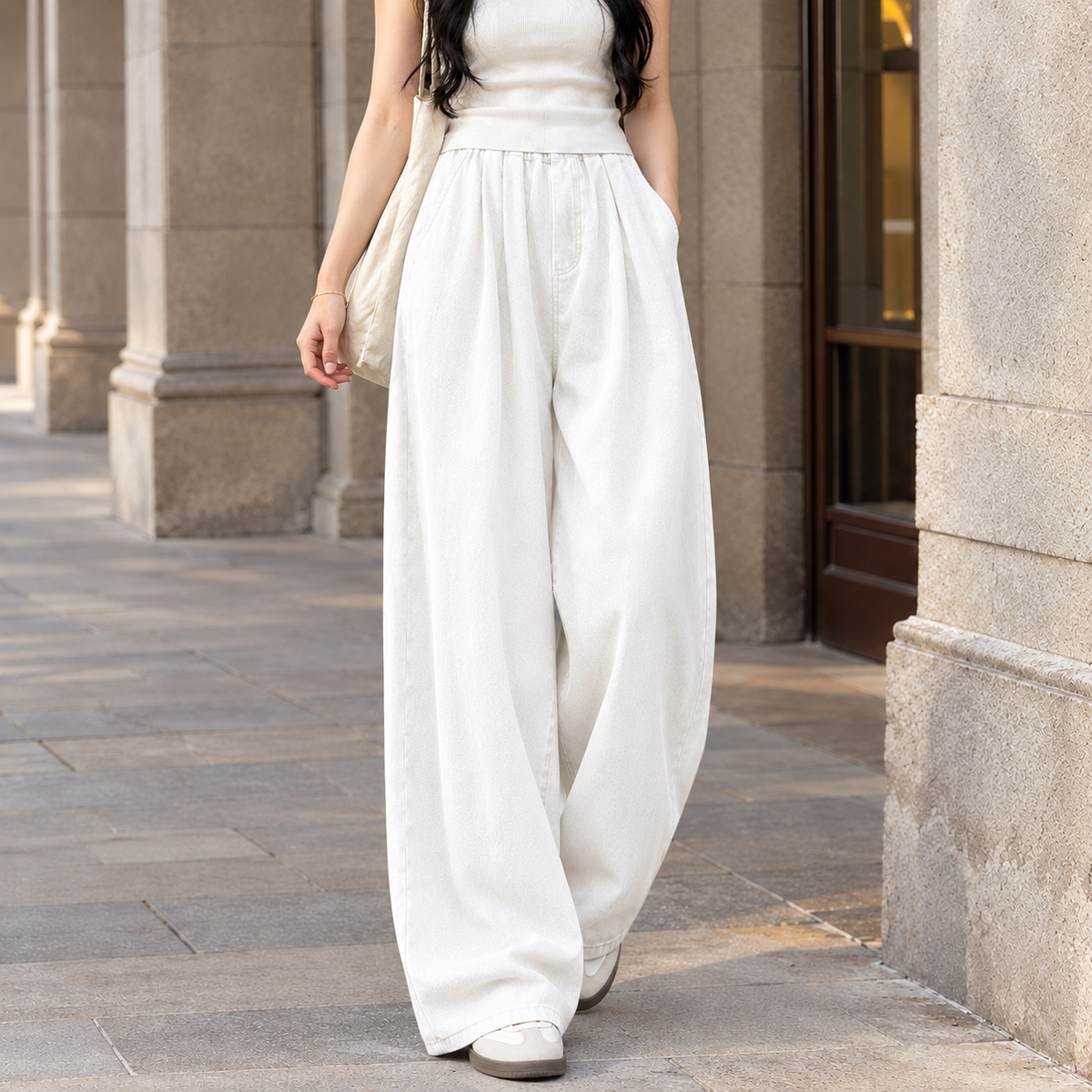 Cerys | Baggy Pleated Elasticated High Waisted Long Pocket Wide Leg Jeans Women