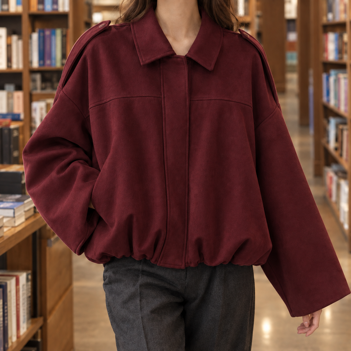 Anya | Faux Suede Collared Zip Up Oversized Cropped Elasticated Hem Autumn Bomber Jacket Women