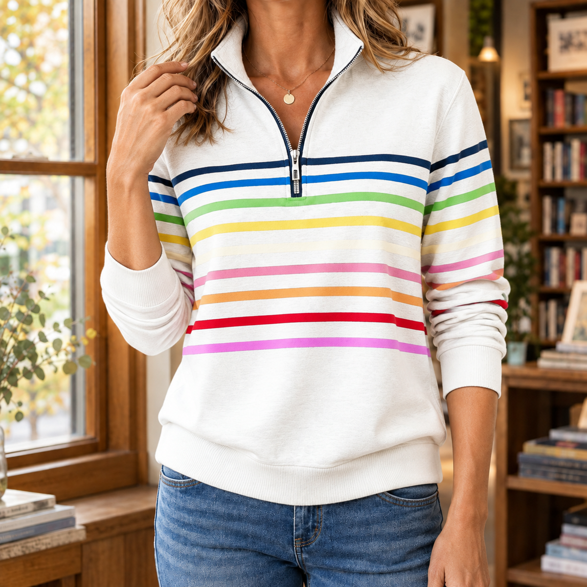 Darcy | Knitted Striped Quarter Zip Funnel Neck Long Sleeve Ribbed Hem Autumn Hip Length Sweatshirt Women