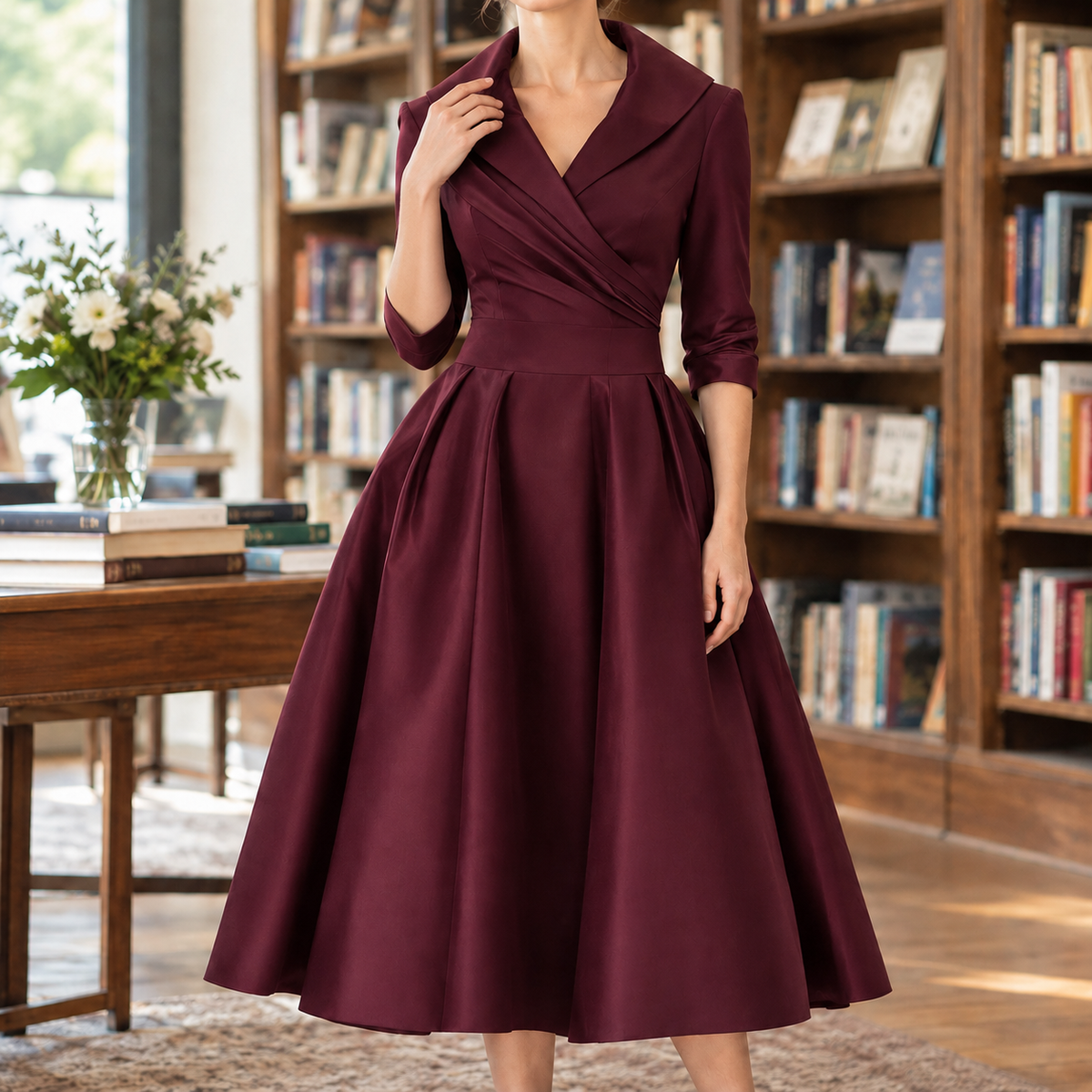 Alexa | Pleated Ruched Wrap V Neck Fit And Flare Satin Midi Collared Autumn Occasion Cocktail Dress Ladies