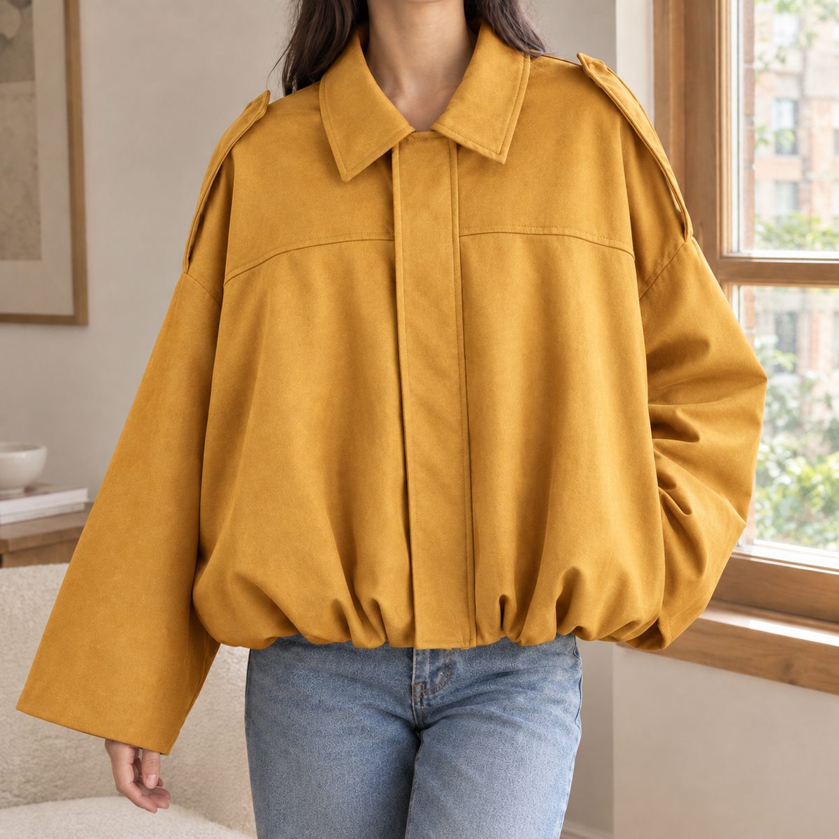 Lily | Collared Faux Suede Elasticated Hem Oversized Autumn Cropped Bomber Jacket Women