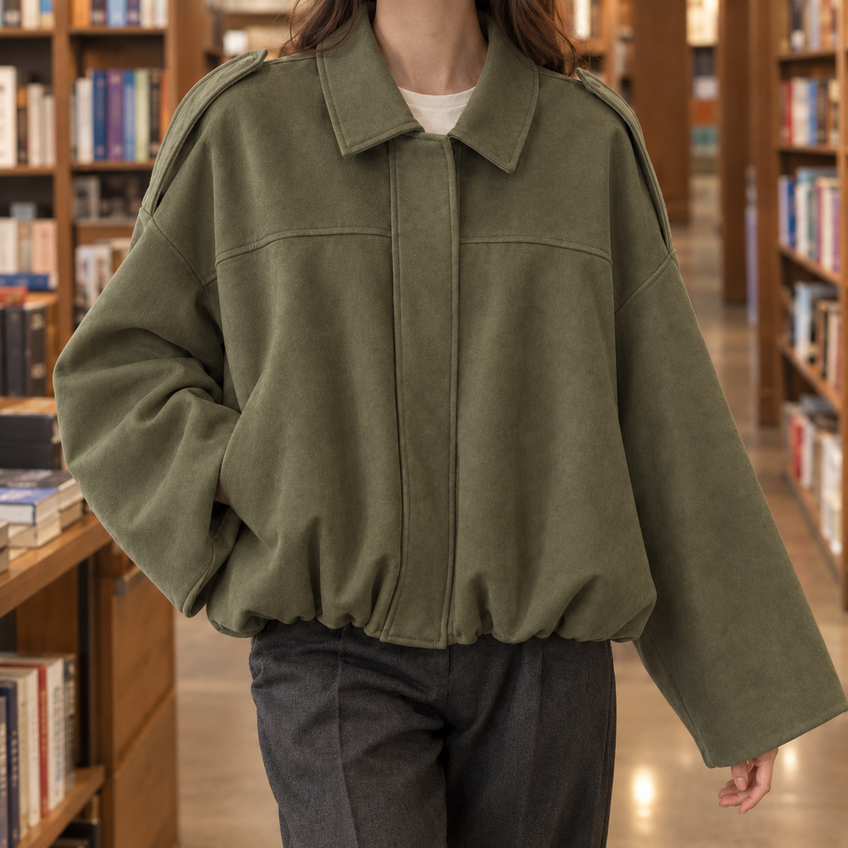 Anya | Faux Suede Collared Zip Up Oversized Cropped Elasticated Hem Autumn Bomber Jacket Women