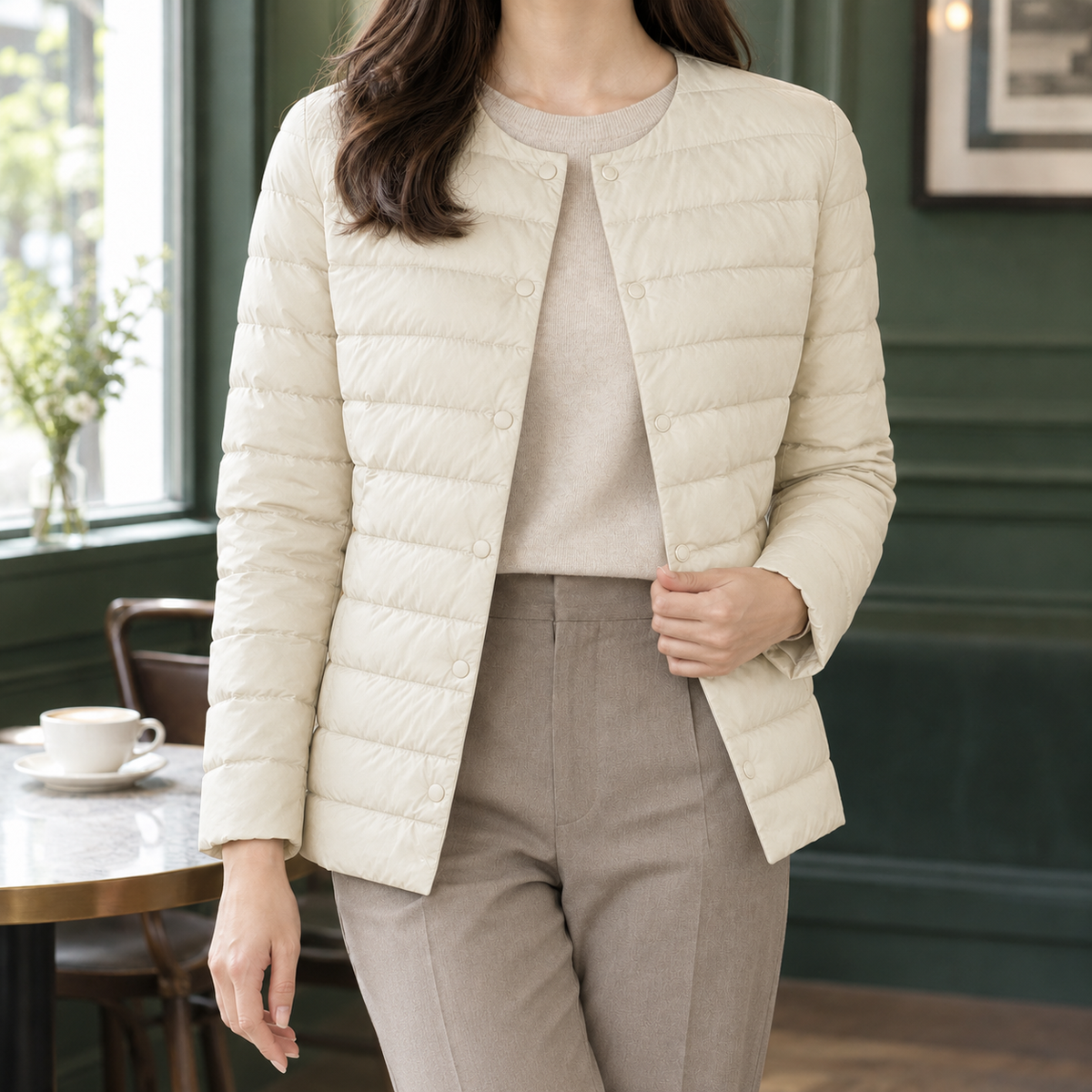 Lia | Collarless Button Fitted Quilted Padded Winter Jacket Women
